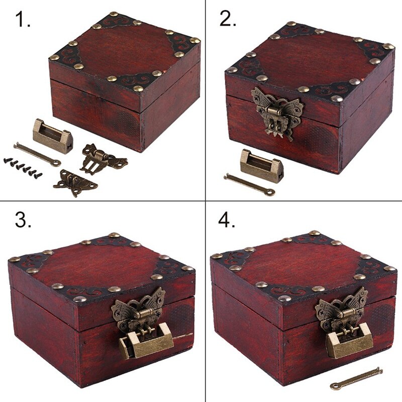 3 sett liten vintage lås med nøkkel og sommerfugllås hasp og skruer for smykkeskrin
