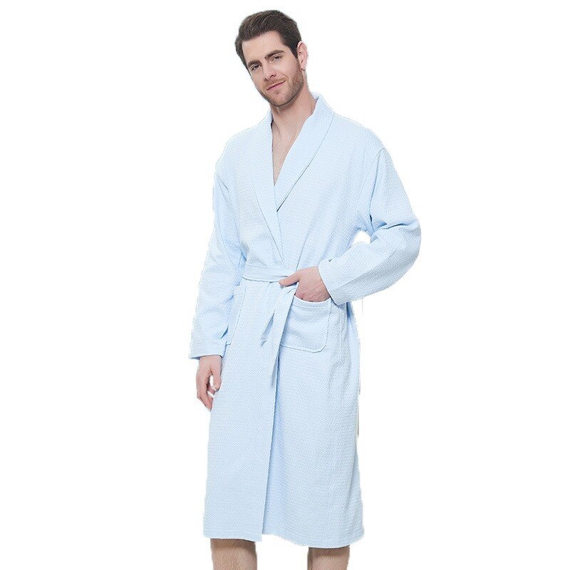 Mannen Vrouwen Thuis Hotel Badjassen Unisex Zweet Verdamping Kimono Kant Pyjama Lente Herfst Dunne Katoen Wafel Check Comfortabele