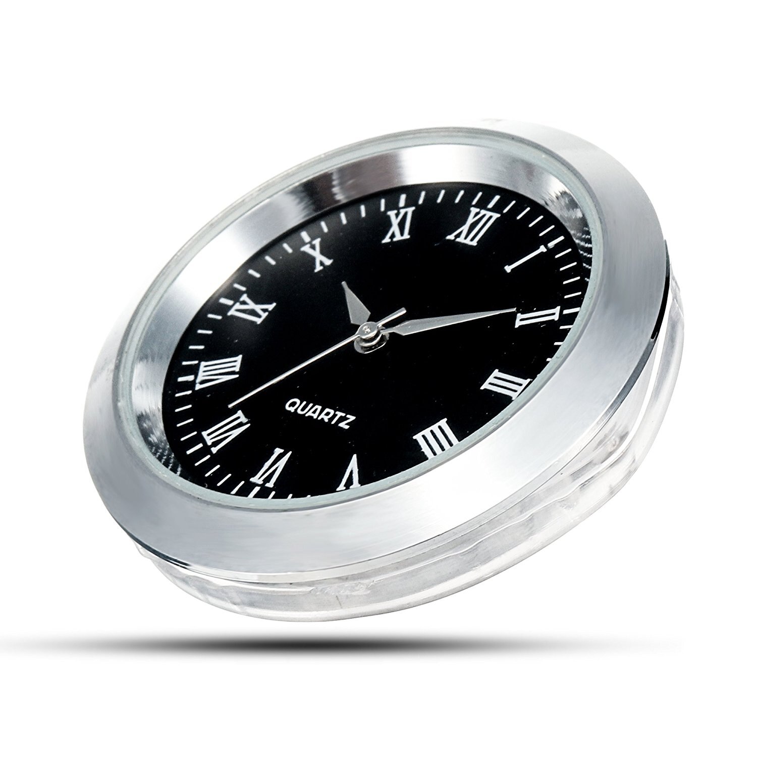 Mini Clock Insert Quartz Movement Round 1 7/16" (35mm) Miniature Clock Fit Up Black Face Silver Tone Bezel Roman Numerals