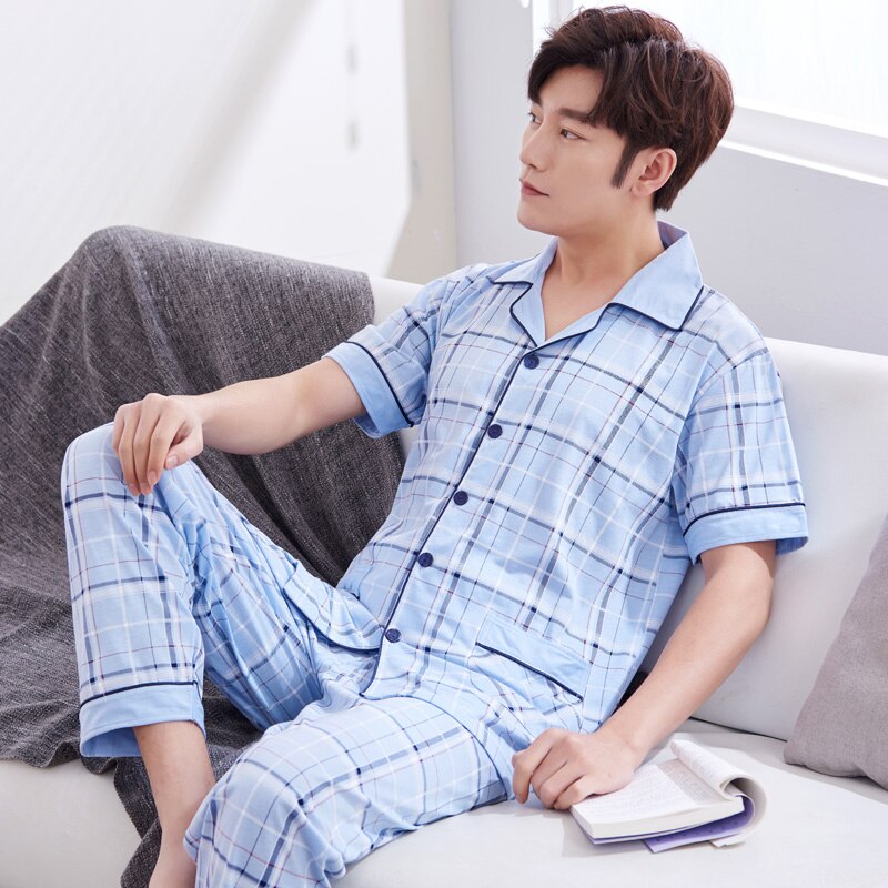 Hel bomulls pijamas för män 2 delar lounge nattkläder pyjamas rutig sommar sänglinne hem kläder man pjs big yards pyjamas set: Lm1880 / L