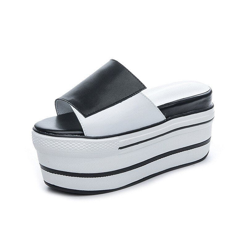 Fujin Hausschuhe frauen Plattform Sommer Sandalen Atmungs Dicken Boden Erhöht Abnehmen Einzigen Gurt Pantoffel: Black / 6