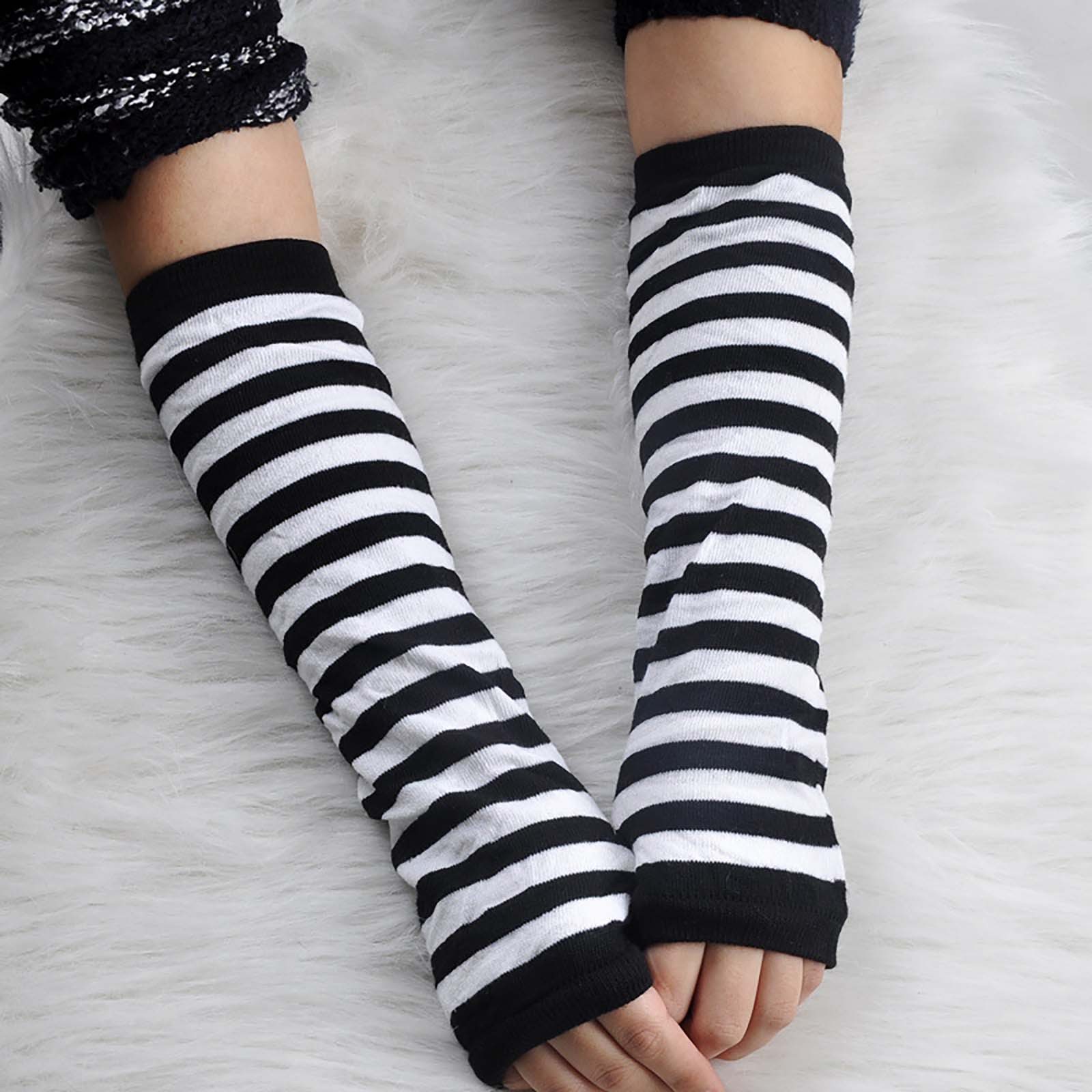 Long Glove Arm Cover Classic Black and White Striped Fingerless Elbow Gloves Y2K Warmer Knitted Wristband
