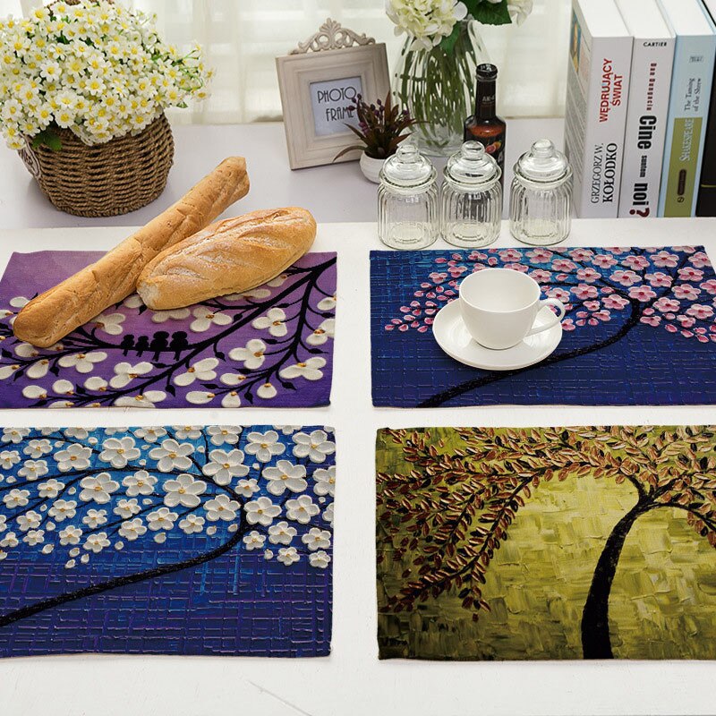 1Pcs Flower Tree Pattern Kitchen Placemat Dining Table Mat Drink Coaster Cotton Linen Pad Bowl Cup Mat 42*32cm Home Decor MP0016