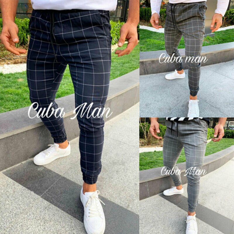 Pantalon de survêtement à carreaux pour homme, bas de jogging moulant, Streetwear, à la