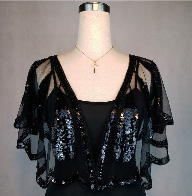 JaneVini Shiny Kralen Bruiloft Capes Schouderophalen Luxe Goud Zilver Pailletten Vrouwen Bolero Bridal Wrap Bruid Bolero Novia Cape Mariage: Black
