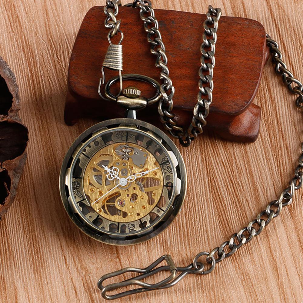 Vintage ur halskæde steampunk skelet mekanisk fob lommeur ur vedhæng håndvindende mænd kvinder kæde: Bronze
