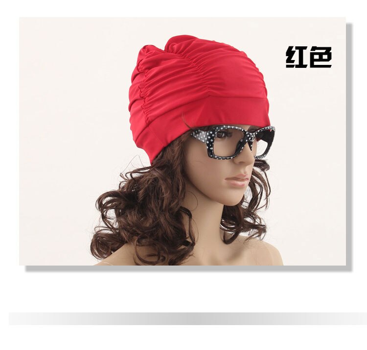 Women Swimming Cap Waterproof Elastic Swim Cap Pleated Ear Protection Beach Cap Bathing Swimming Hat: Red