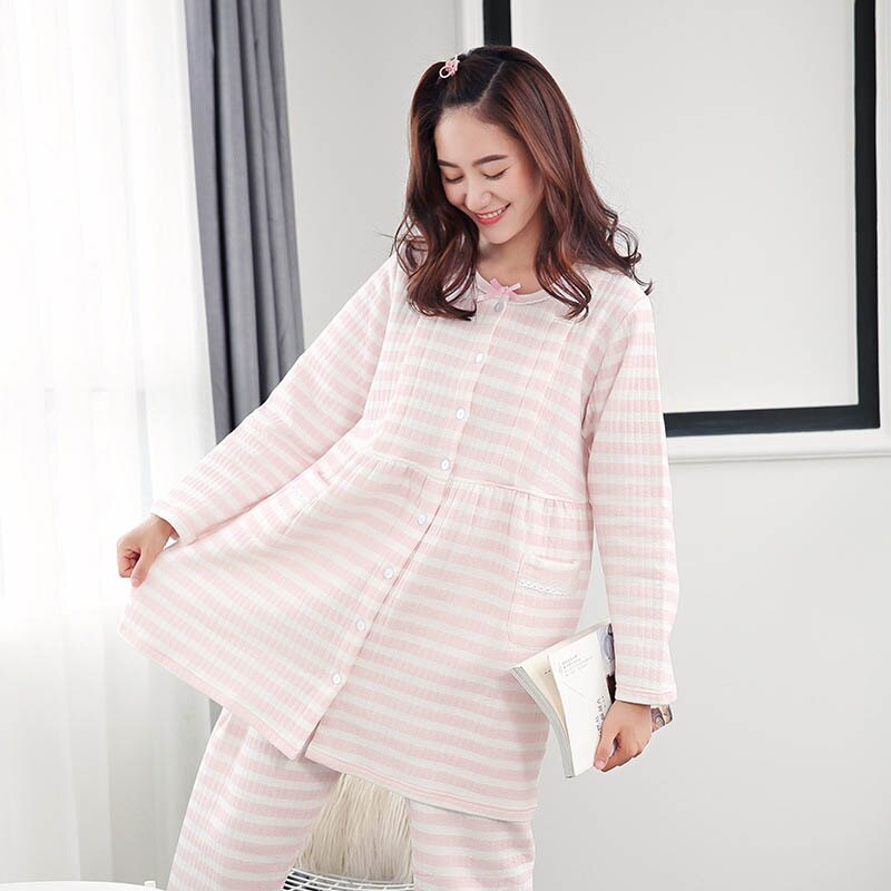 Graviditets plejesæt gravid pyjamas nattøj til efter fødslen bomuldstoppe og bukser langærmet tøj stribet pyjamas til gravide