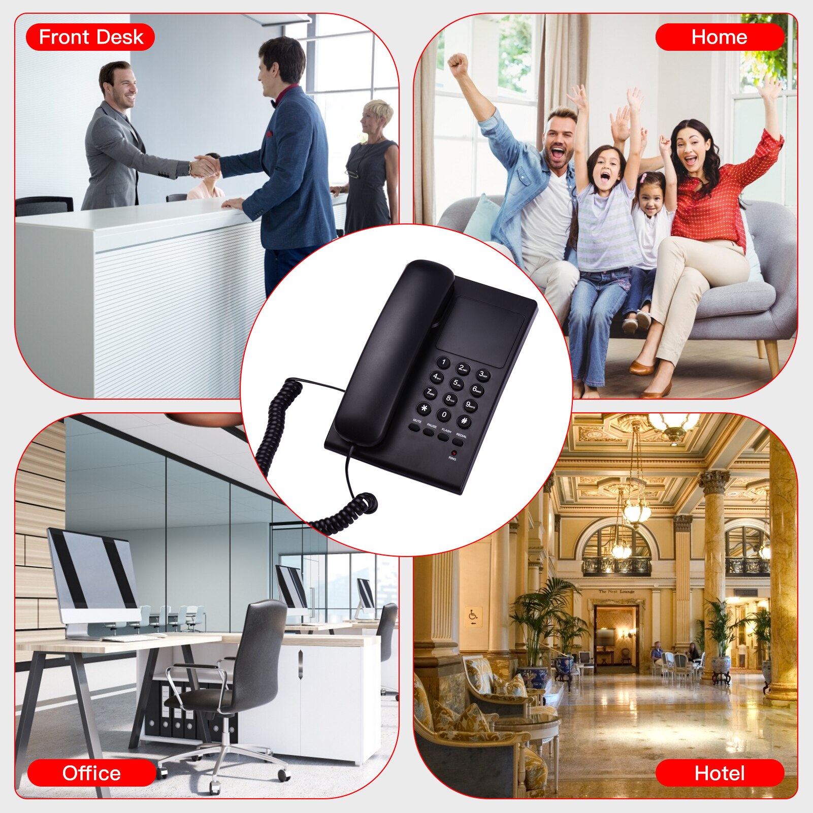 Corded Phone Desk Landline Phone Wall Mountable Telephone Handset Receive Flash Mute Function Redial for Hotel Office Home