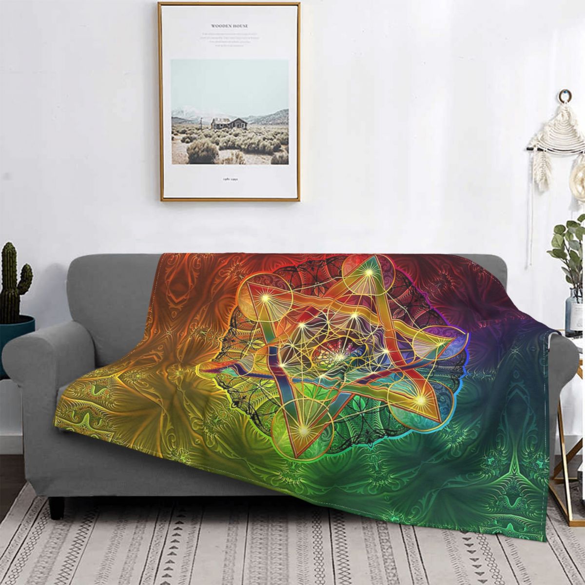 Metatrons – couverture Cube avec Merkabah et fleur de vie pour canapé, couvre-lit polaire confortable, de noël: 125x150cm