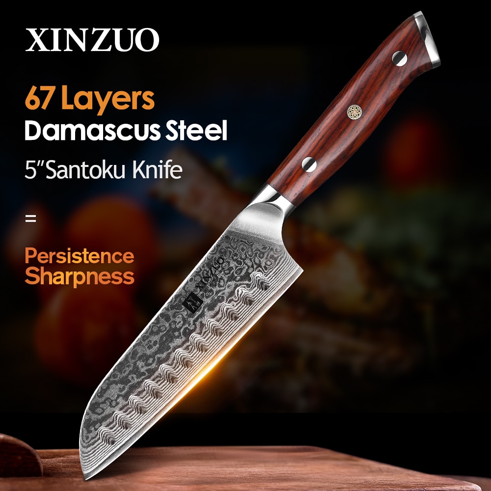 XINZUO couteaux de cuisine Santoku 5 pouces, couteau de Chef en acier, damas, nouvelle viande tranchante fruits et légumes avec manche en bois de rose