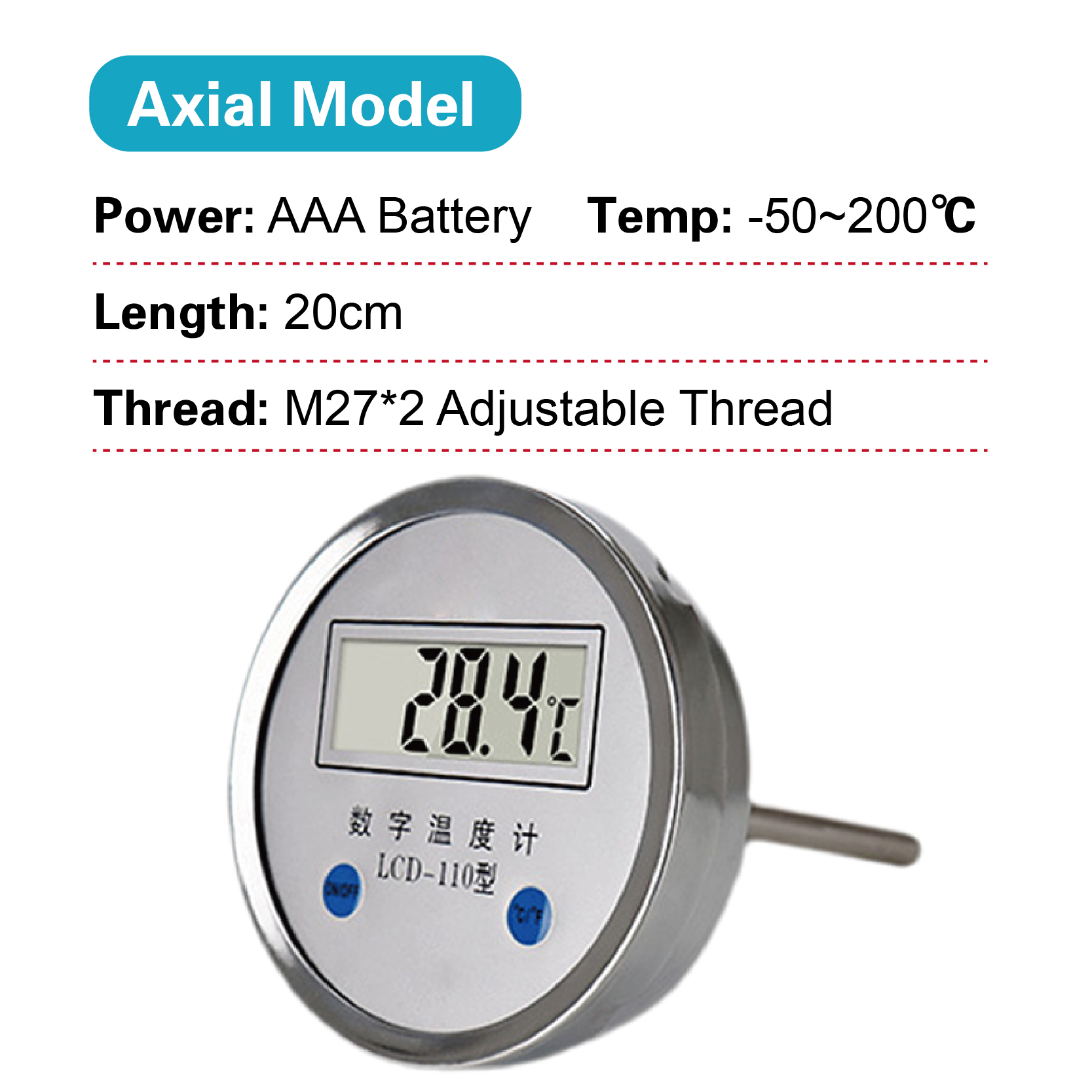 LCD-110 Digital Bimetallic Thermometer LCD Display Industrial High Precision Water Temperature Gauge Stainless Steel Sensor: Pink