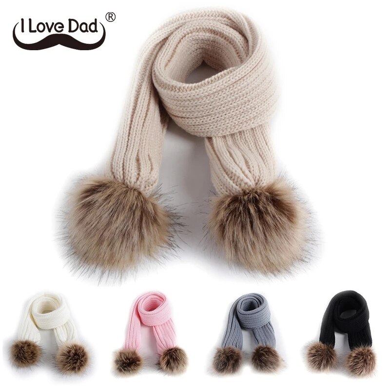 Kids Scarf Pompom Winter Warm Children Toddler Scarves Outdoor Solid Color Knitted Baby Girl Boy Scarf