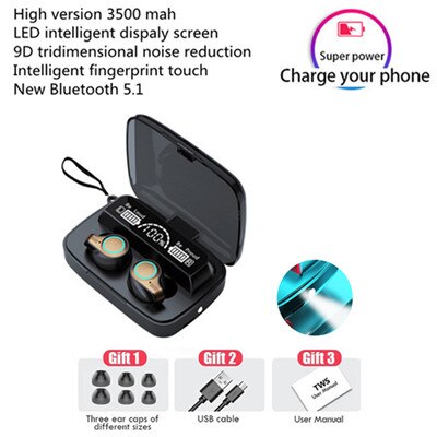 Écouteurs sans fil TWS Bluetooth 5.1, oreillettes étanches avec Microphone, avec boîte de charge 3500mAh, stéréo 9D, pour le sport: M18 Pro