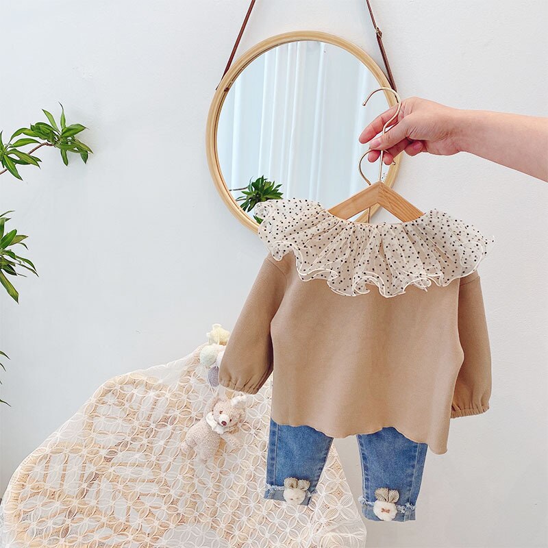 Dubbele Lagen Polka Dot Mesh Kraag Meisjes Jassen Lente Herfst Katoen Lange Mouwen Kinderen Jas Voor Peuter Meisjes Kleding Tops kind