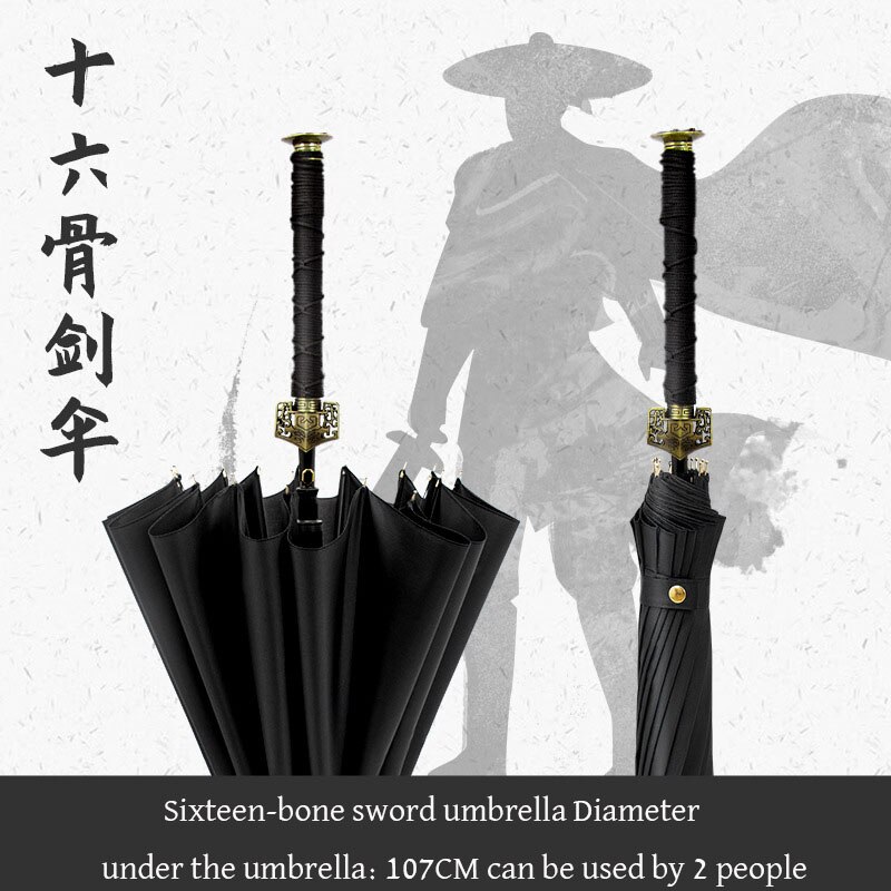 Creatieve Lange Handvat Grote Winddicht Samurai Zwaard Paraplu 24 Bone Zwaardvechter Zon Regen Paraplu Verfijnde Metalen Cap: 16K black