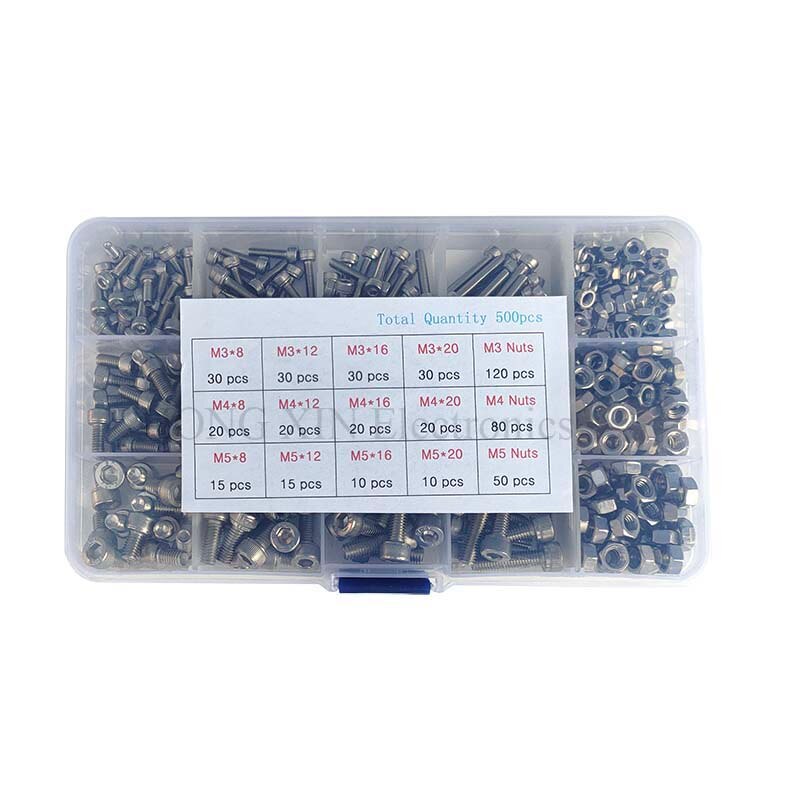 500 pçs/set Parafuso Em Aço Inox 304 copo Parafuso de Cabeça M3/M4/M5 Kit Sortido