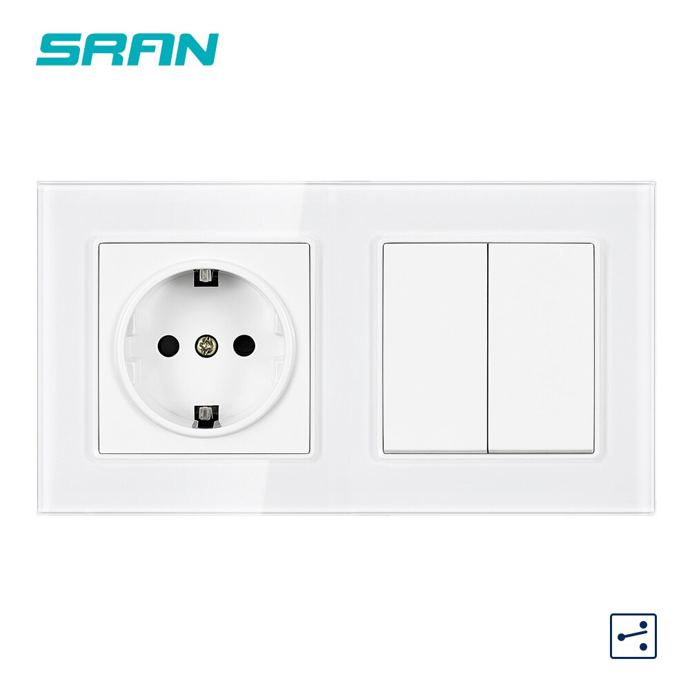 Sran eu vägguttag med vippströmbrytare， 220v 16a uttag 153*82 kristallglaspanel med ljusströmbrytare 2 gäng 1/2 -vägs
