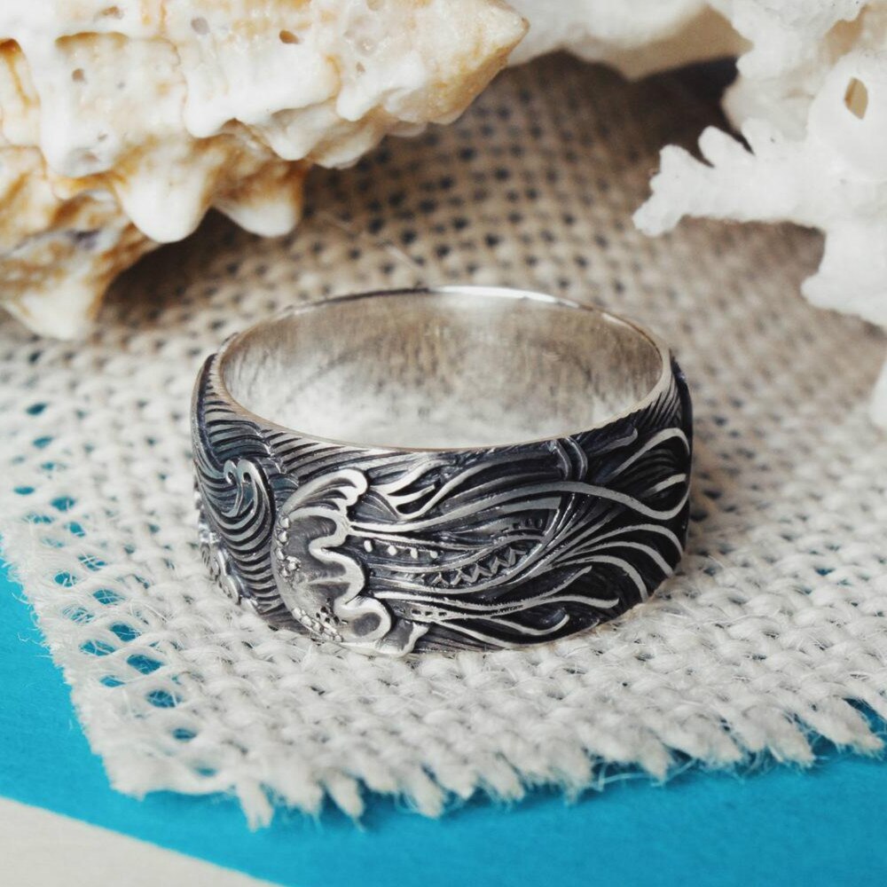 Luxury 925 Sterling Silver Jewelry Exquisite Jellyfish Carved Ring For Women Ladies Vintage Rings Cool Birthday Party