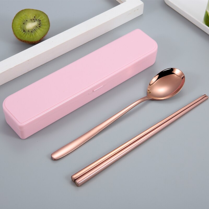 304 ruostumatonta terästä korea astiasto lusikka syömäpuikot laatikko astiasto matka ruokailuvälinesarja kannettava astiasto: Vaaleanpunainen 2 kpl