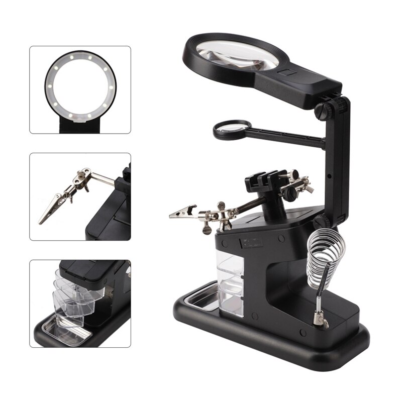 Vergrootglas Soldeerbout Met Led Licht Opbergdoos 3X 4.5X 25X Helpende Hand Rework Station Reparatie Lassen Soldeer