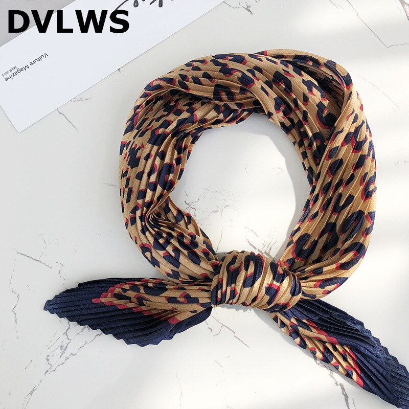 DVLWS gros soie-like femmes foulard plissé petit carré léopard imprimé écharpe cheveux bande décoration femmes écharpe