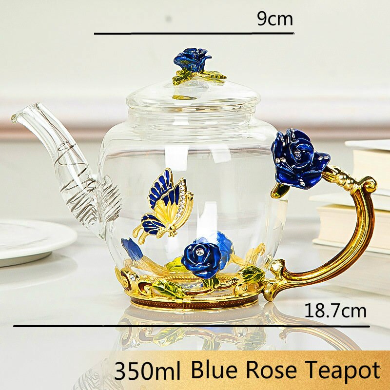 Juego de té de cristal con esmalte de rosa roja, juego de tazas de vidrio para té con flores, tazas de vidrio para té para bebidas calientes y frías, juegos de té y la Oficina para el hogar,: 1 Teapot Blue