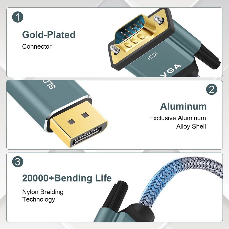 Display Port to VGA, DP cable from desktop or laptop monitor projector connection port, with VGA to Display Port adapter