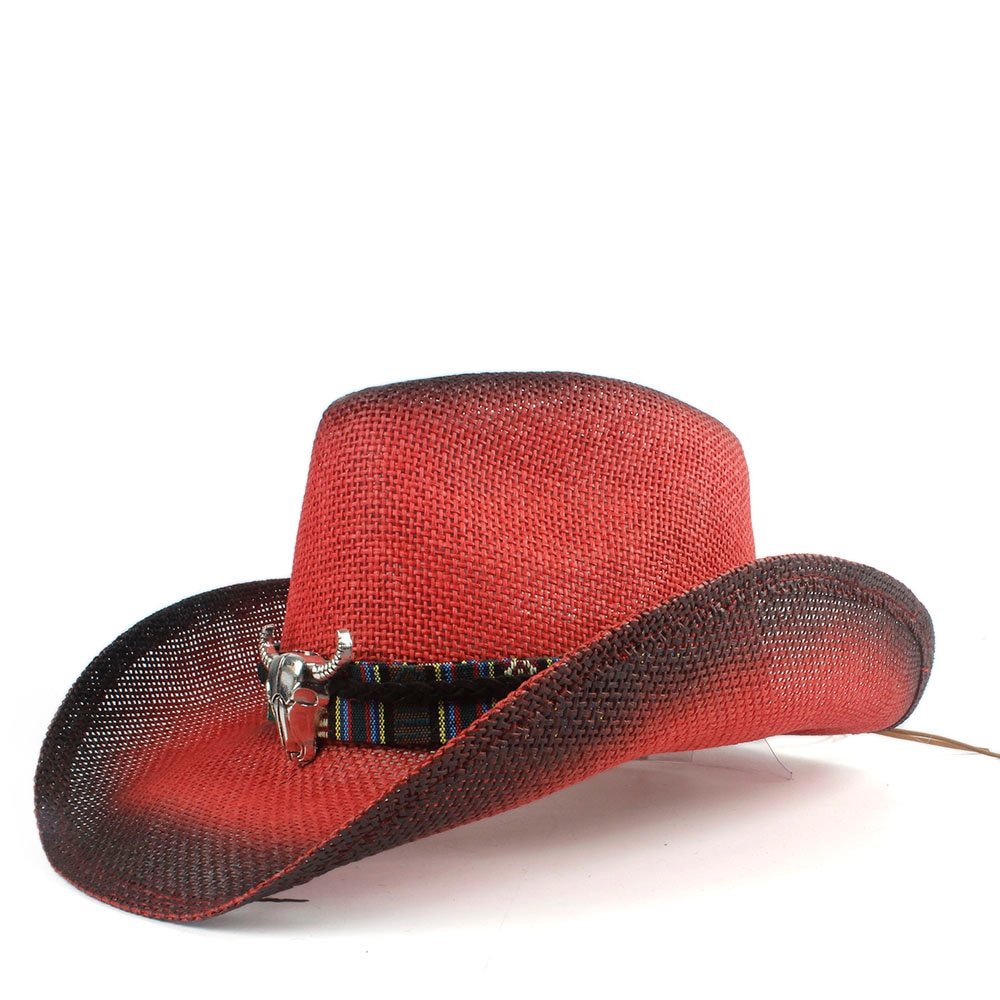 Kvinder mænd strå hul western cowboy hat dame rød bohemia kvast sombrero hombre beach cowgirl jazz solhat str. 58cm