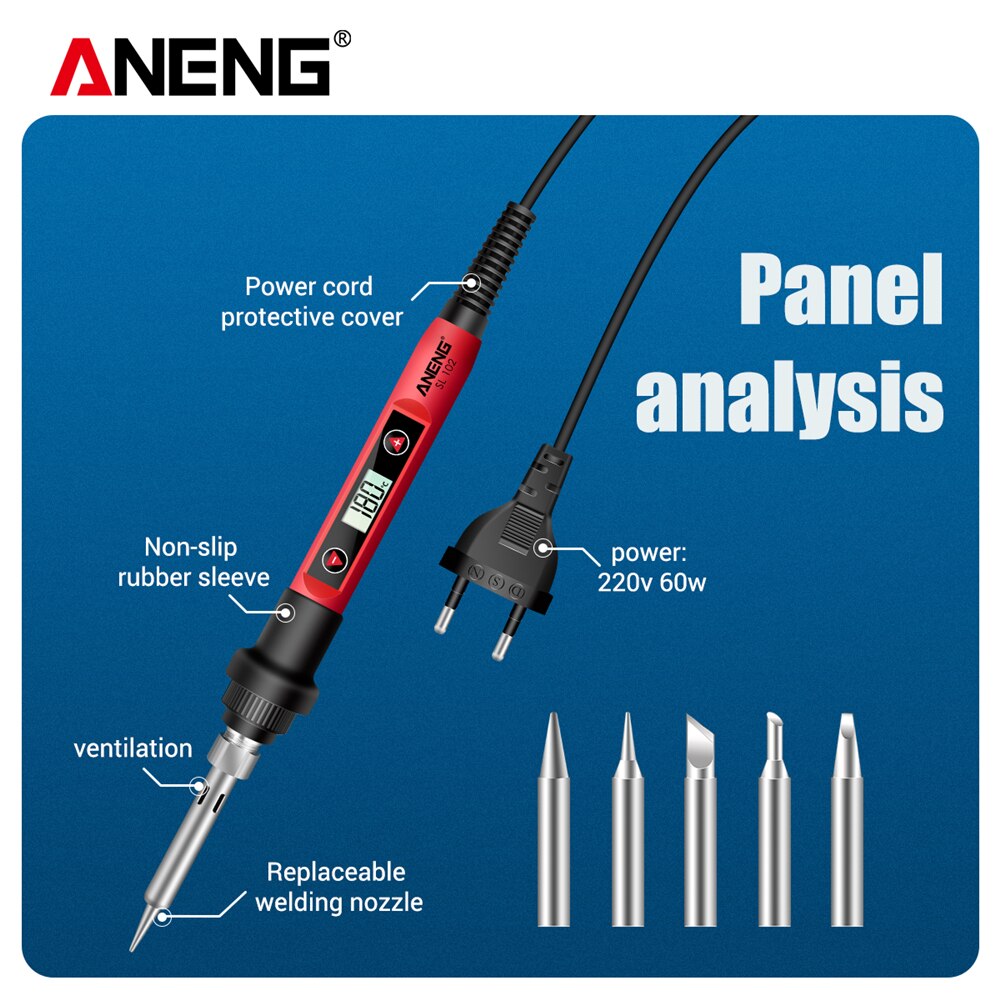 ANENG-soldador eléctrico SL102, 60W, enchufe US/EU, herramienta de soldadura con pantalla Digital de temperatura ajustable, 220V soldadura puntas soldador estaño, soldar electrocauterización portátil