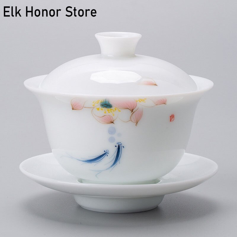 120ml di porcellana bianca avorio GaiWan dipinto a mano paesaggio tè zuppiera ciotola in ceramica con coperchio Sopera latte Oolong tè Kung Fu Teaset