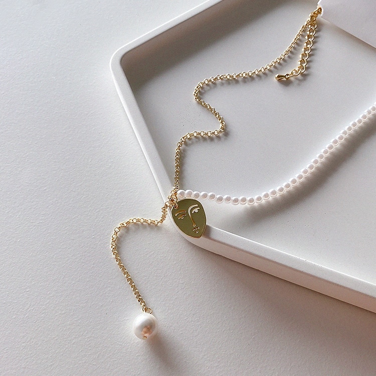 AOMU Korea Retro Metal Temperament Necklace Face Pearl Choker Chain Asymmetric Necklace for Women Jewelry