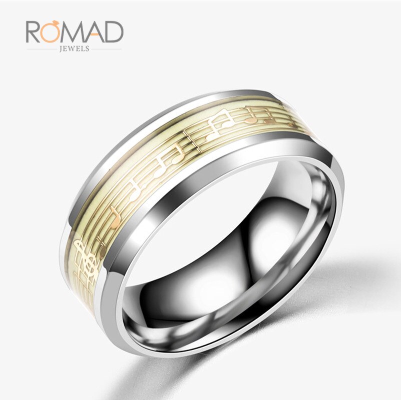 316 Titanium Rvs Ring Goud Zilver Kleur Muziek Muzieknoot Glow In The Dark Ringen Voor Mannen Vrouwen Cool sieraden Z05: 8 / gold