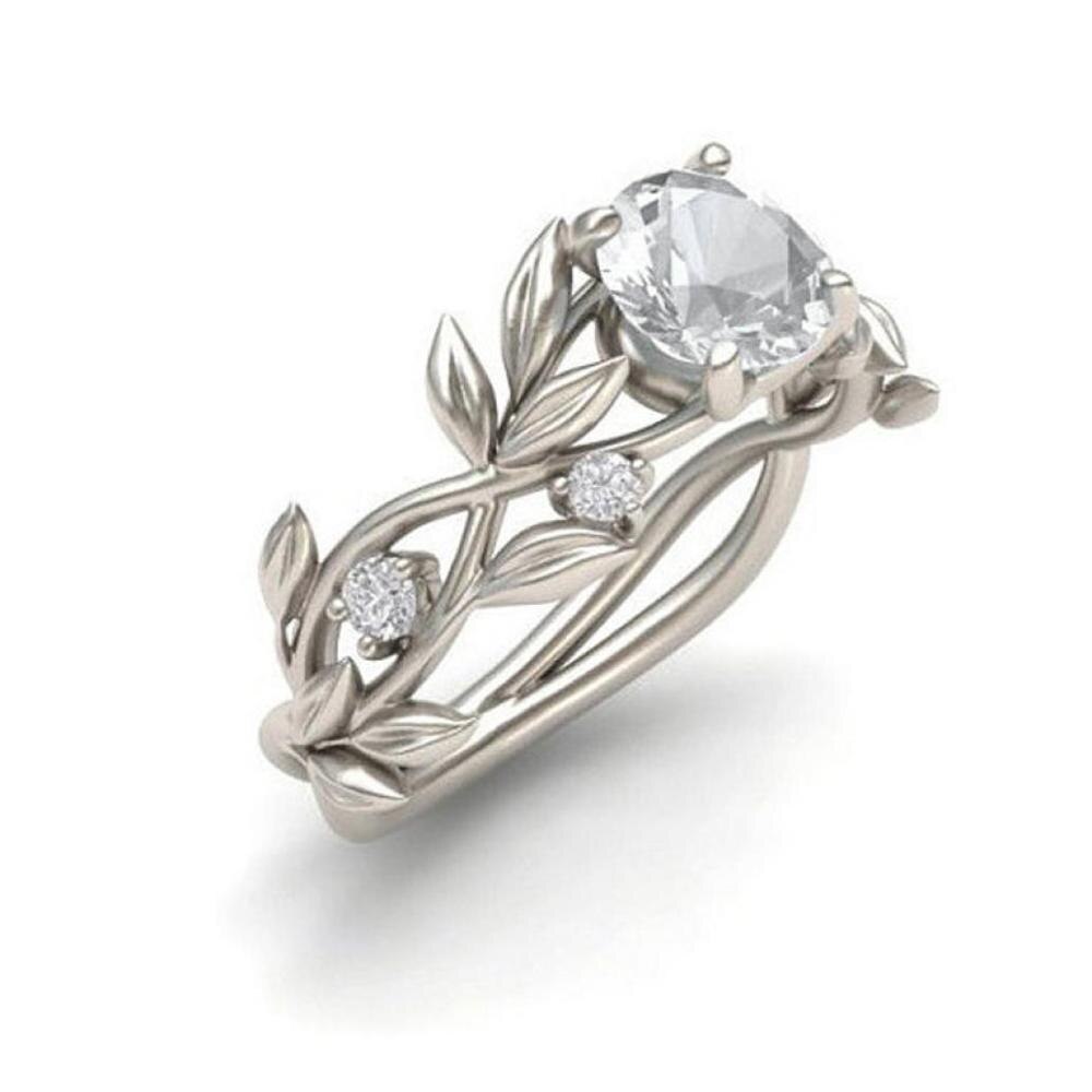 Wedding Crystal Silver Color Rings Vine Leaf Engagement Cubic Zircon Ring Bijoux For Women Ladies Jewelry: 6 / White