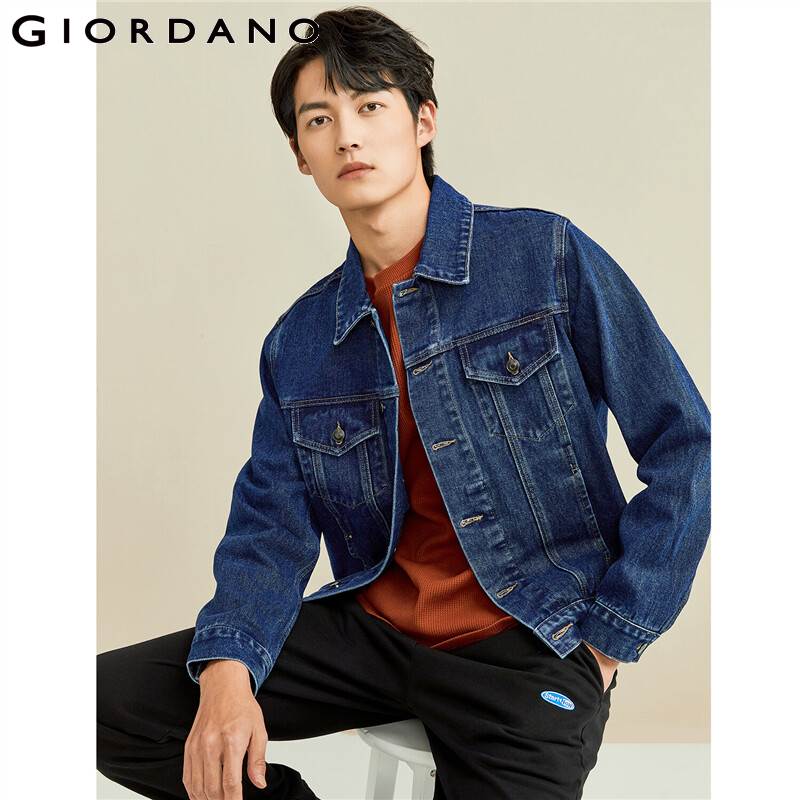 Giordano Men Jackets Turn-down Collar Denim Jacket Cotton Muti-Pockets Soild Causal Jackets 13071886
