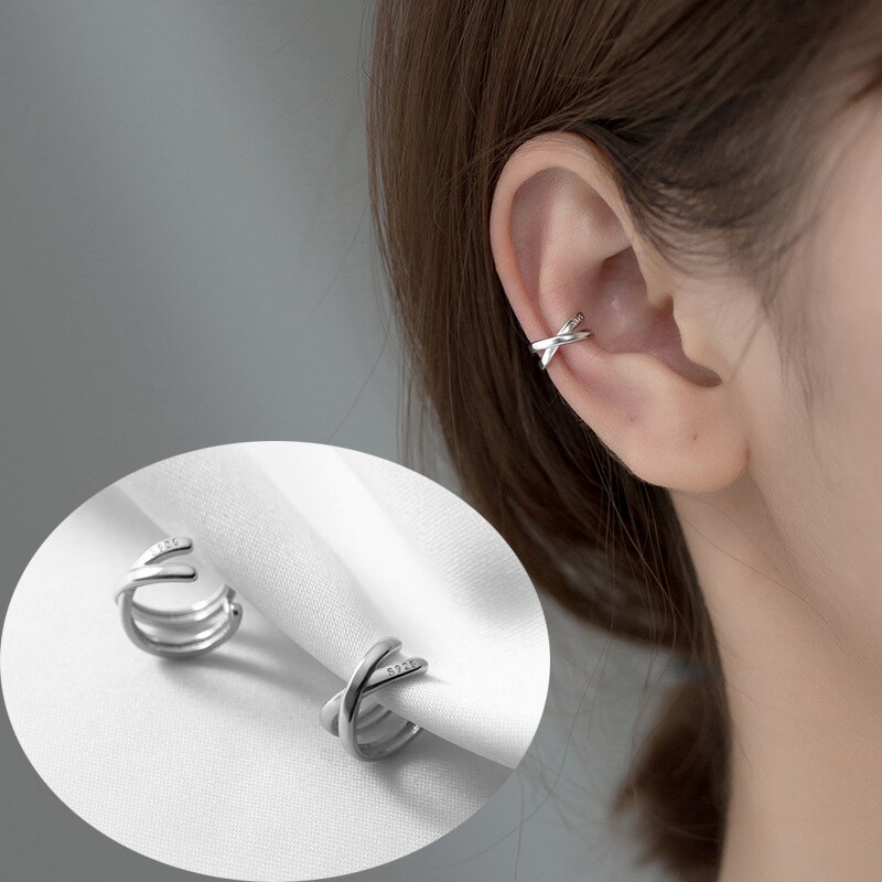 Real 925 Sterling Silver Ear Cuff Earrings Simple Non-Pierced Cartilage Earrings Ear Cuffs Clip On Earrings for Women Girls: crossed-silver