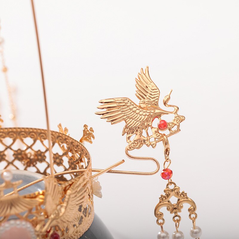 FORSEVEN Luxury Pearls Long Tassel Tiaras and Crowns Hairpins Hair Forks Chinese Wedding Hanfu Dress Show Hair Jewelry