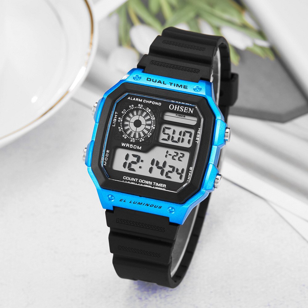 OHSEN Digital Sport Men Watch 50 Waterproof Diving Man Casual Wristwatches Alarm Stopwatch blue