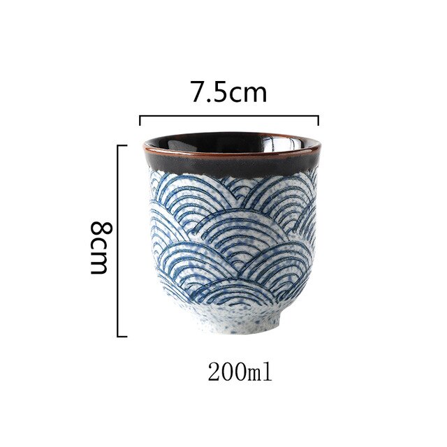 Retro tekopp under glaserad målad teskål traditionell handgjord 80 och 200ml keramisk tekopp vågmönster tekopp