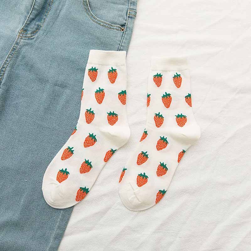 Dessin animé fruits coton chaussettes pastèque citron fraise banane avocat femmes chaussettes féminine Streetwear chaussettes été automne: Strawberry