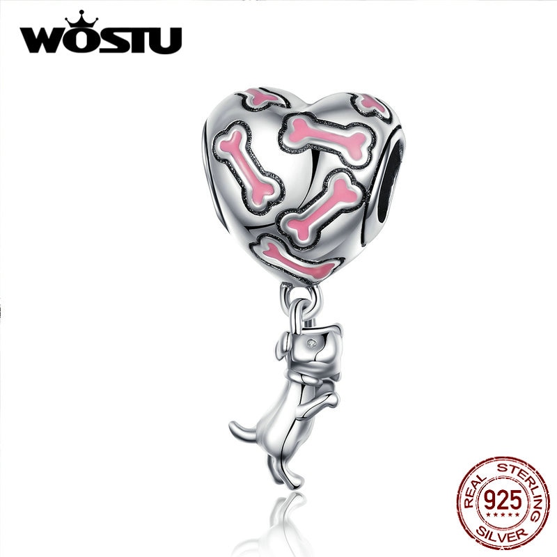 WOSTU Buddy Dog Bone Heart Dangle Charm 100% 925 Sterling Silver Beads Fit Original Bracelet Necklace Silver 925 Jewelry CQC1199