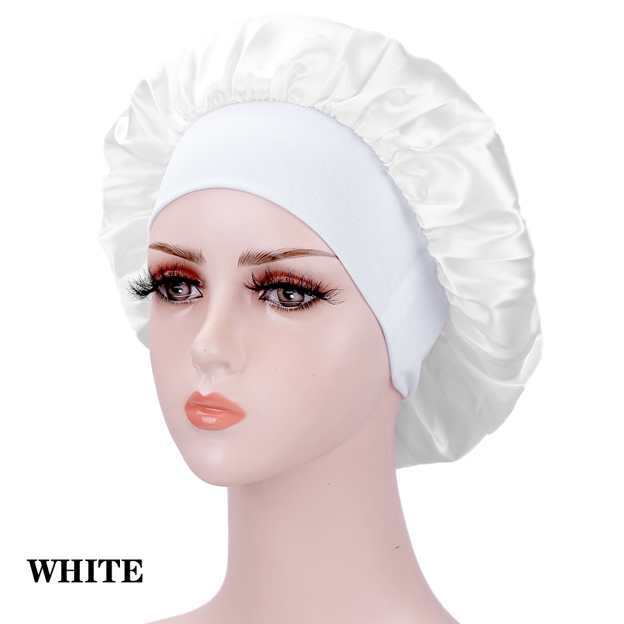 Wide Elastic Band Women Satin Night Sleep Cap Hair Bonnet Hat Silk Head Cover Women&#39;s Satin Solid Sleeping Hat Night Sleep Cap: WHITE