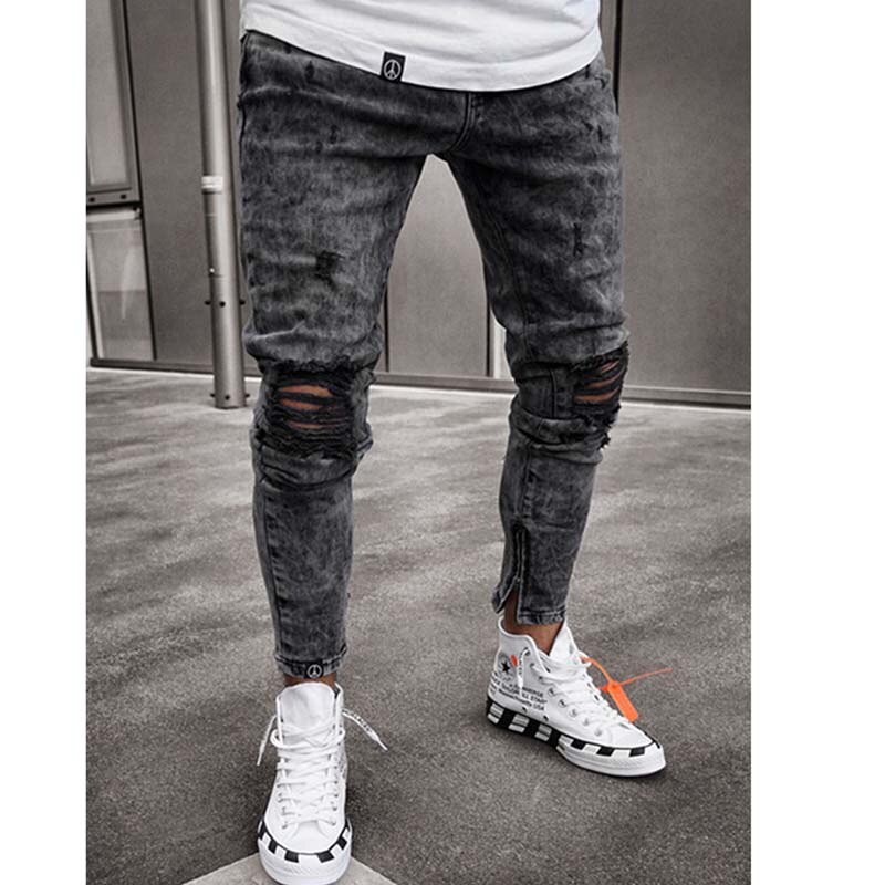 Men Jeans Streetwear Knee Ripped Skinny Hip Hop Estroyed Hole Pants Solid Color Male Stretch Casual Denim Big Trousers: L0005 Gray-black / S