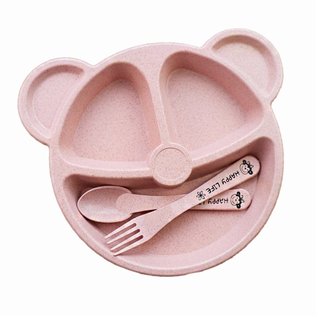 Plato de cena de fibra de bambú de 4 colores plato de comedor dividido bandeja de aperitivos de dibujos animados bonitos platos de desayuno vajilla de cocina 15x24cm: Pink-E