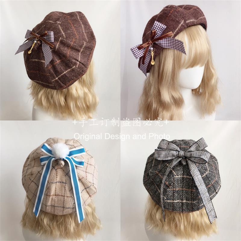 Japansk søt nydelig ull rutete åttekantet kuppel lue retro lolita beret søt høst vinter myk jente gresskar cap maler lue