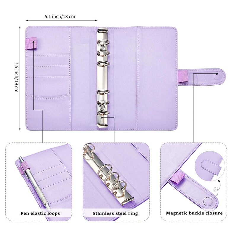 PU Leather Notebook Binder for Filler Paper Magnetic Personal Planner Binder with 12 Pcs Binder Zipper Folder(Purple,A6)