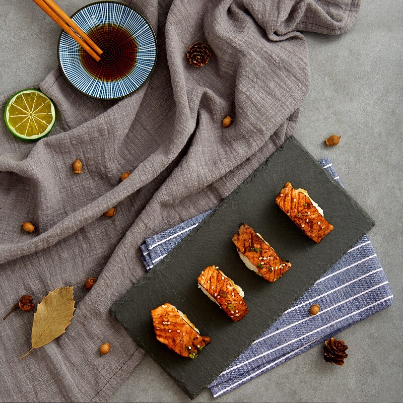 Rectangle Black Rock Plate Slab Round Natural Slate Dinner Plates Pasta Sushi Food Photography Props Serving Tray Cake Dishes