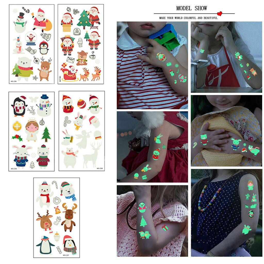 Lichtgevende Tattoo Stickers Kerstmissneeuwman Gezicht Simulatie Cartoon Fluorescerende Stickers Vensterglas Stickers Decoratie # W3