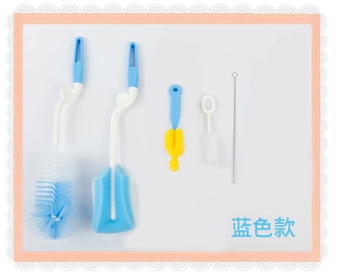 Ensemble de 5 brosses à biberon en plastique, éponge, nettoyeur de bouteilles, pince à mamelon, bouteille de lait en verre, paille de nettoyage, alimentation: Blue Bottle Brushes