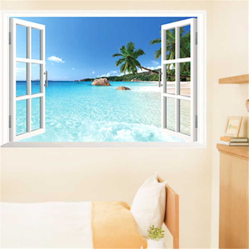 Summer Beach Wall Sticker Decor Large Removable Beach Sea 3D Window View Scenery Wall Sticker Home Decor Decals for Kids Room